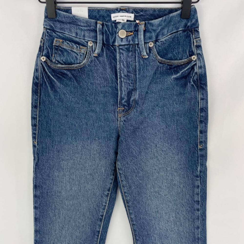 New Good American Slim Straight High Rise Raw Hem Ankle Jeans Blue Size 0 / 25 - Picture 6 of 16